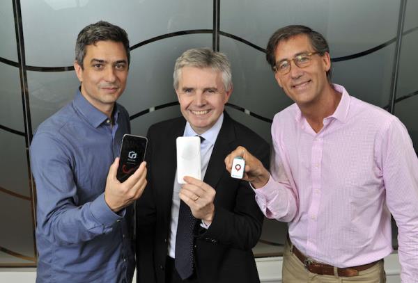 Lord Paul Drayson (centre) said Freevolt solves the problem of harvesting usable energy from a small RF signal. Also pictured: Gophr founder Seb Robert (left) and Inmarsat’s Greg Ewert.